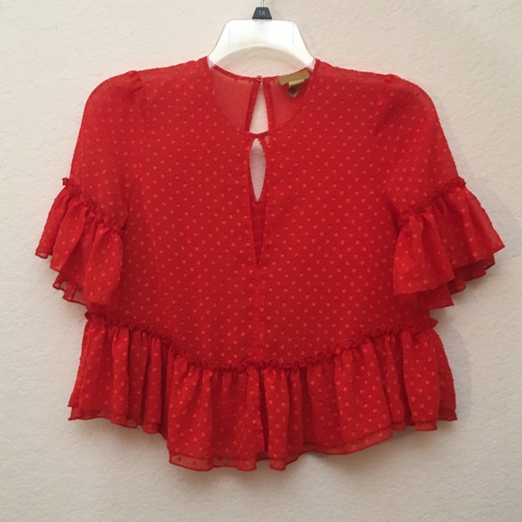 H&M Red Blouse Ruffle Swiss Polka Dot Sheer Lightweight Keyhole Top Sz 8 S M - Picture 3 of 9